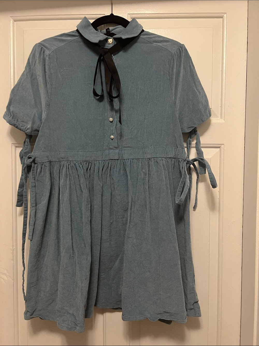 Sister Jane Powder Blue Collared Mini Dress with Black Ribbon